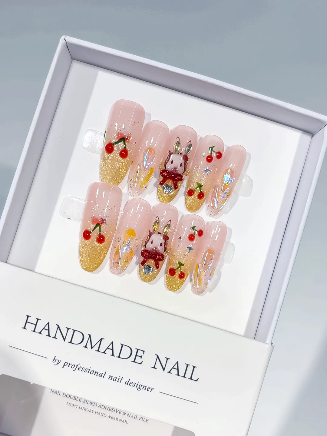 C422 - Long Nude Gold Oval Glitter Cherry Bunny
