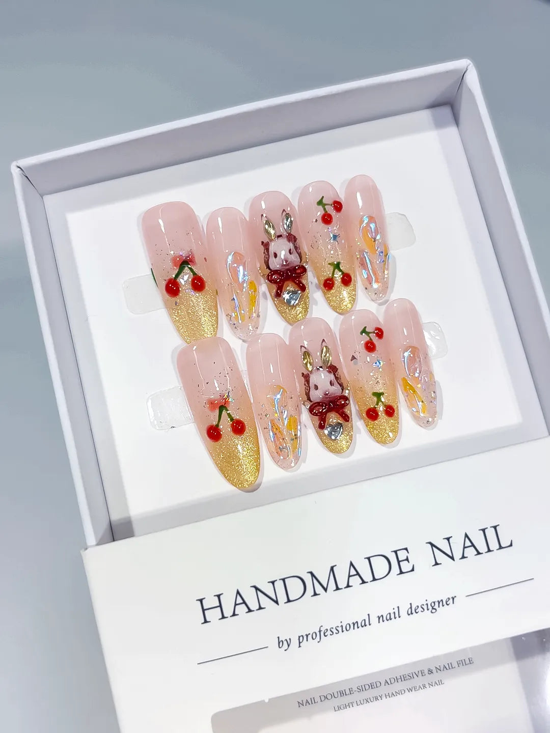 C422 - Long Nude Gold Oval Glitter Cherry Bunny