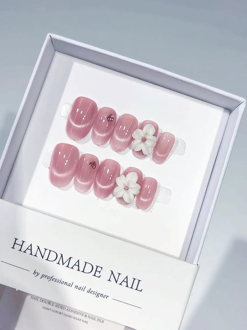 C424 - Medium Pink Oval Metallic Flower VibeNailsLab