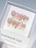 C426 - Medium Nude Pink Almond French tip Flower Gold Stud VibeNailsLab
