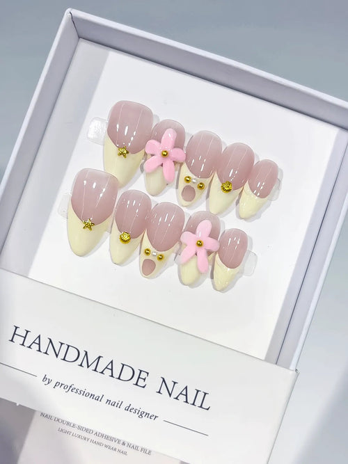 C426 - Medium Nude Pink Almond French tip Flower Gold Stud VibeNailsLab