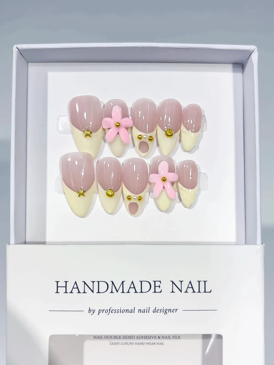 C426 - Medium Nude Pink Almond French tip Flower Gold Stud VibeNailsLab