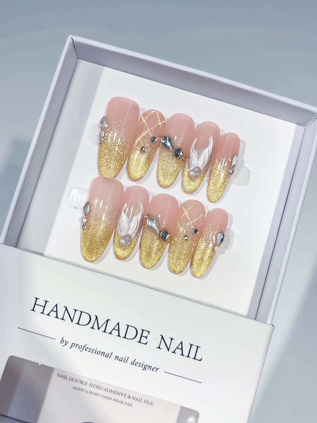 C428 - Long Nude Gold Oval Glitter Flower Rhinestone VibeNailsLab