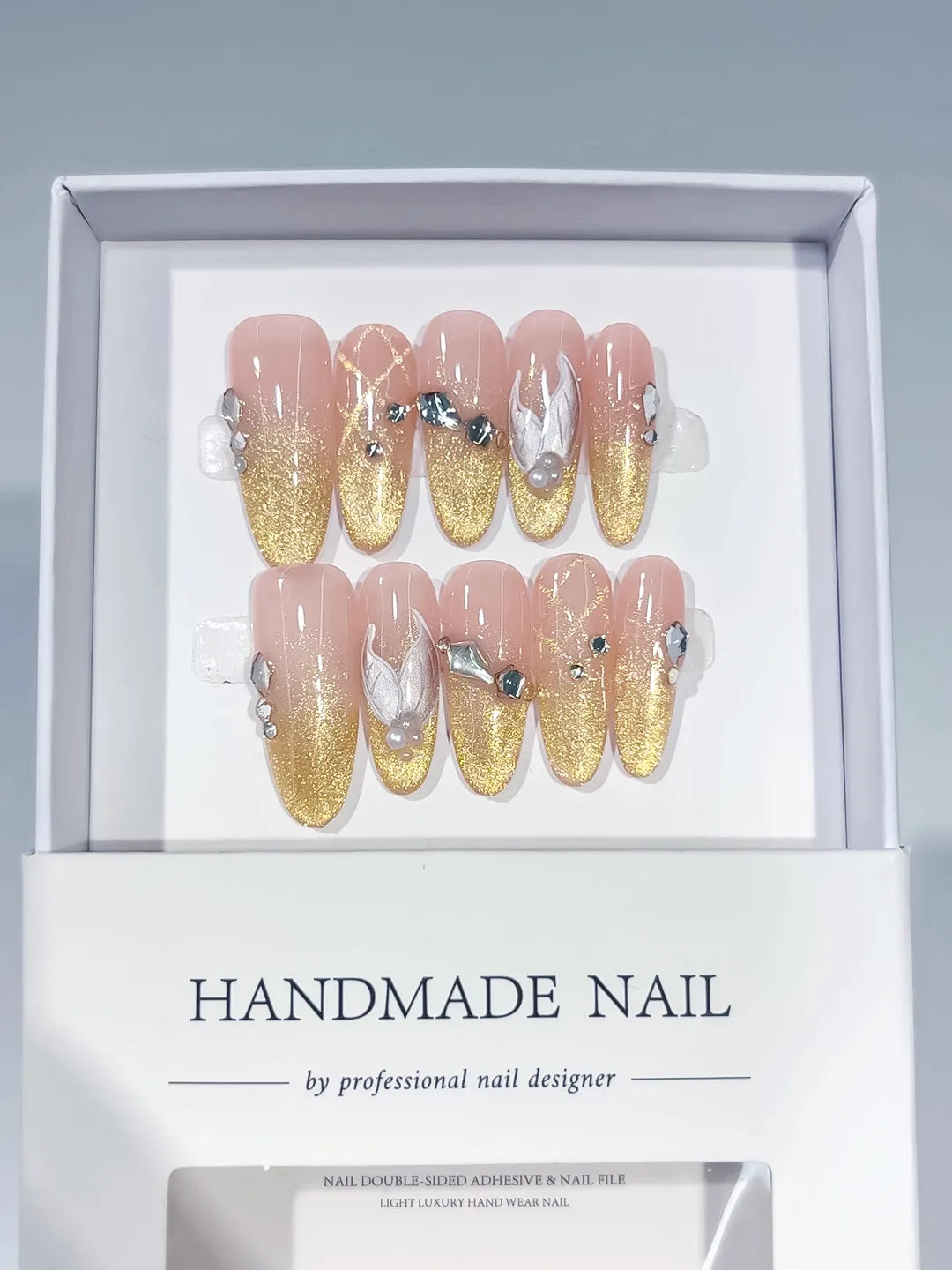 C428 - Long Nude Gold Oval Glitter Flower Rhinestone VibeNailsLab