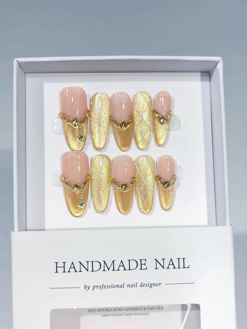 C429 - Long Nude Gold Oval Metallic Heart Rhinestone VibeNailsLab