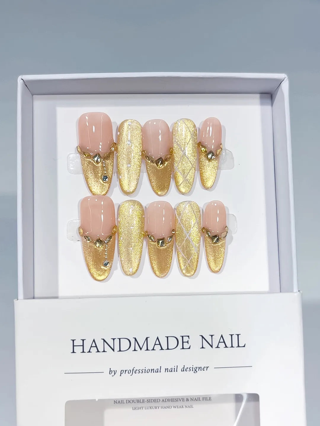 C429 - Long Nude Gold Oval Metallic Heart Rhinestone VibeNailsLab