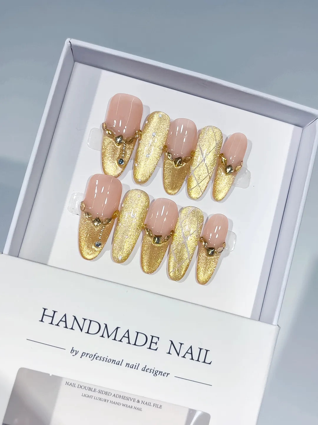 C429 - Long Nude Gold Oval Metallic Heart Rhinestone VibeNailsLab