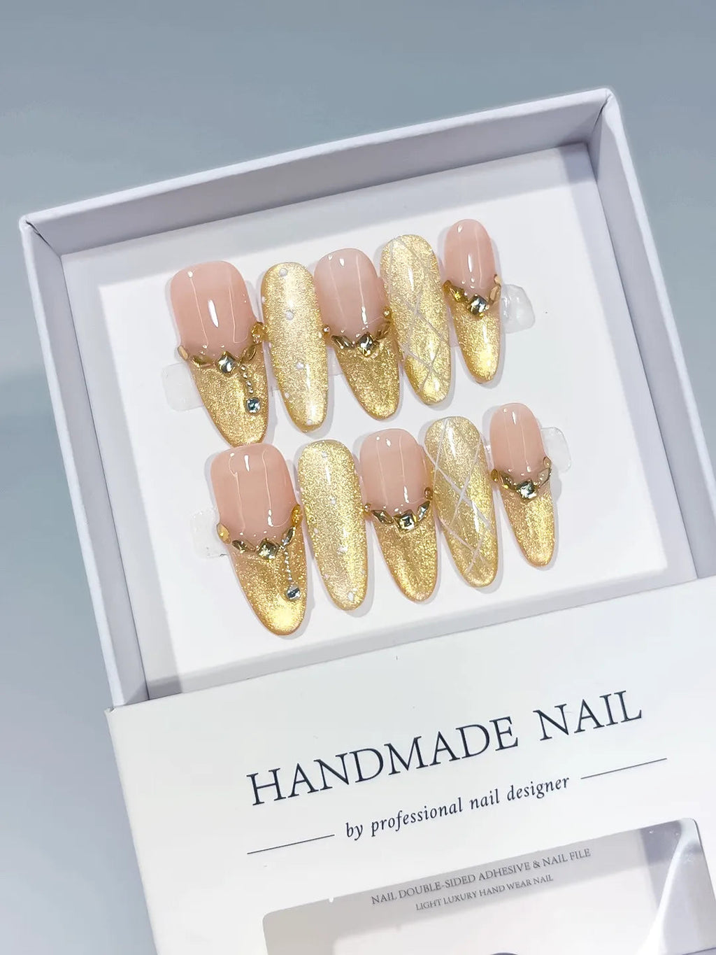 C429 - Long Nude Gold Oval Metallic Heart Rhinestone VibeNailsLab