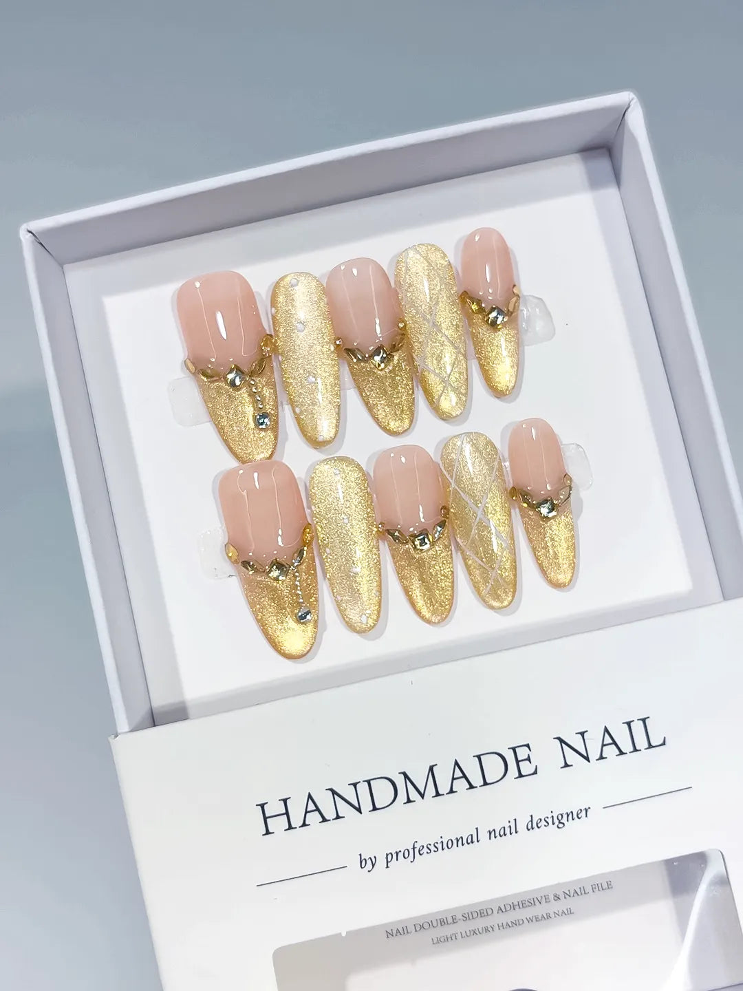 C429 - Long Nude Gold Oval Metallic Heart Rhinestone VibeNailsLab