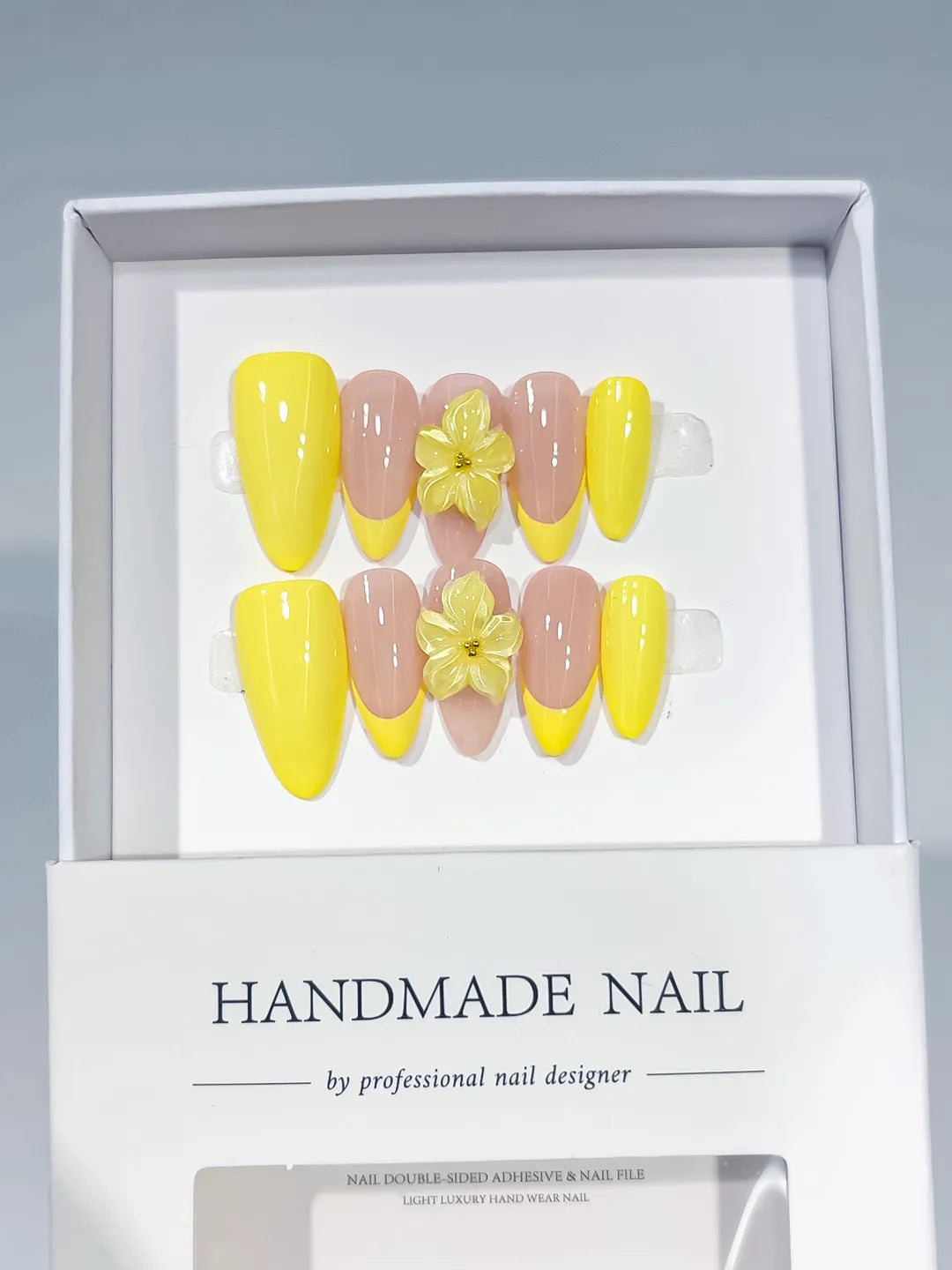 C430 - Medium Yellow Nude Almond French tip Flower VibeNailsLab