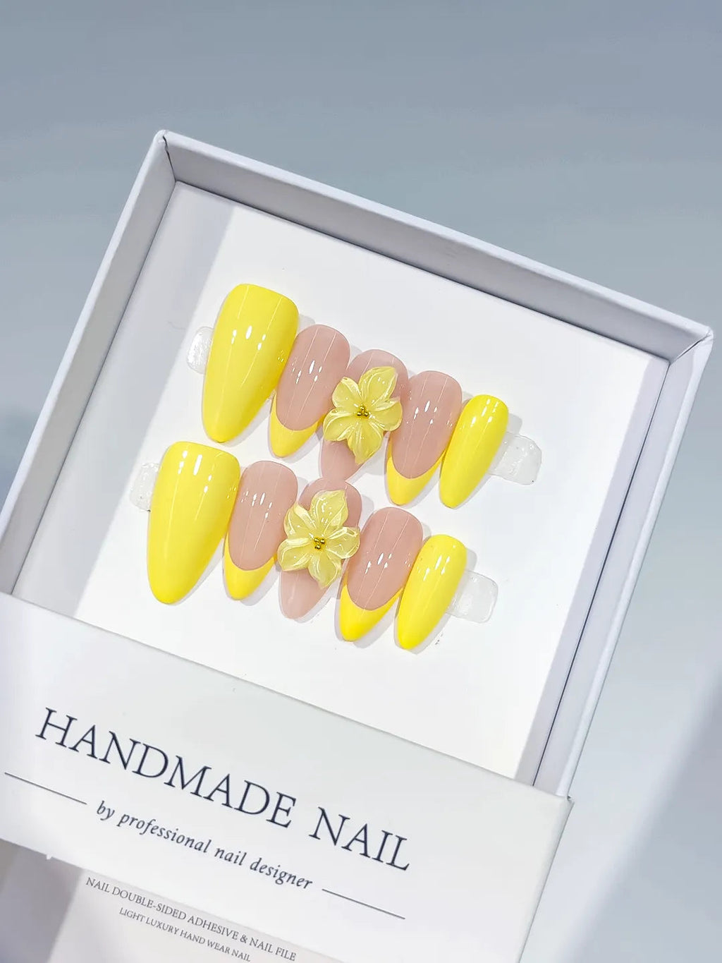 C430 - Medium Yellow Nude Almond French tip Flower VibeNailsLab