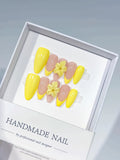 C430 - Medium Yellow Nude Almond French tip Flower VibeNailsLab