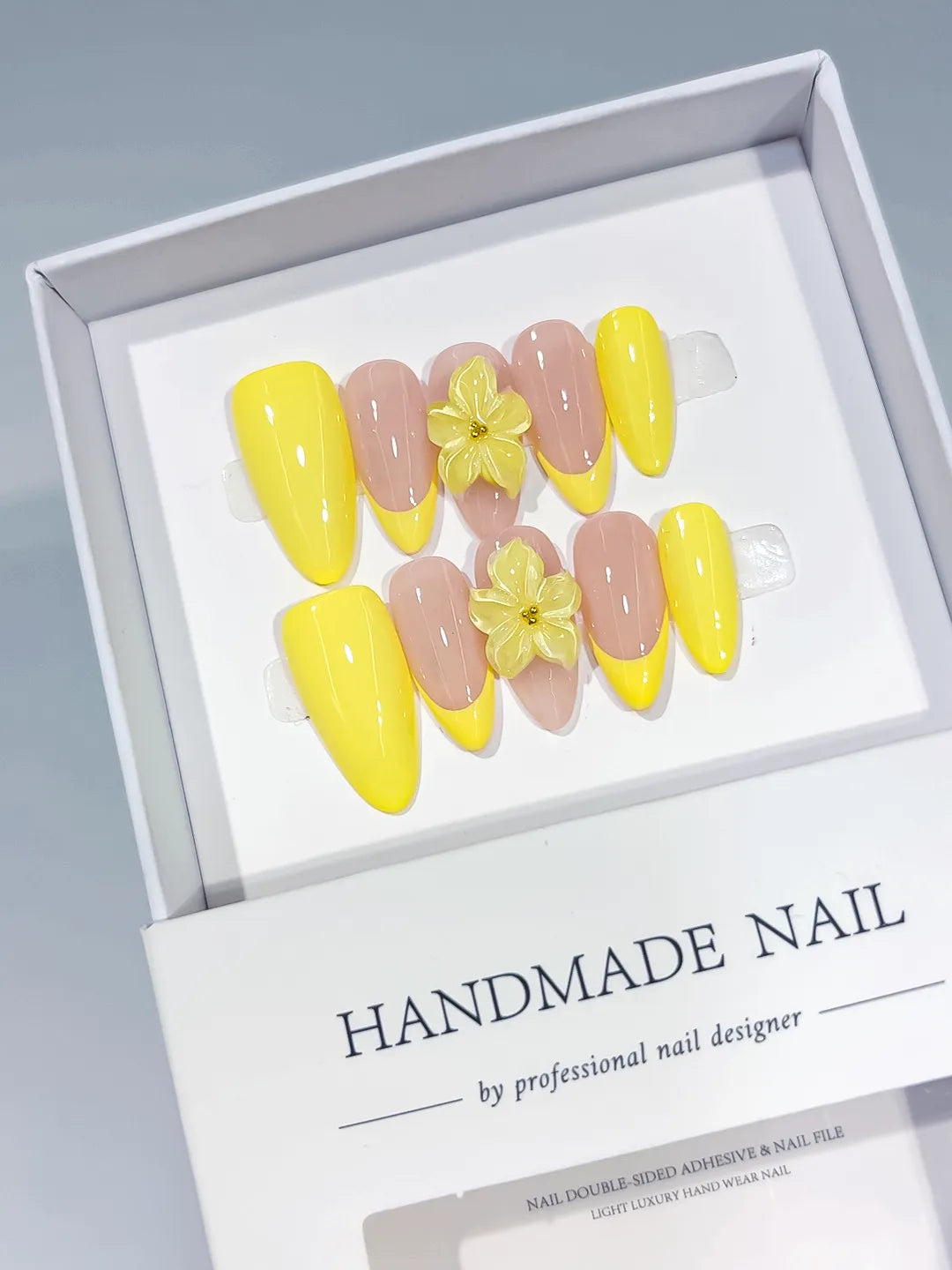 C430 - Medium Yellow Nude Almond French tip Flower VibeNailsLab