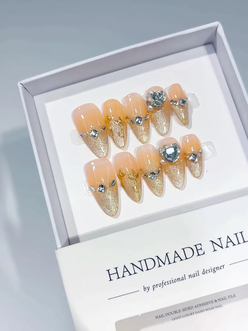 C431 - Medium Orange Gold Almond Glitter Rhinestone Pearl VibeNailsLab