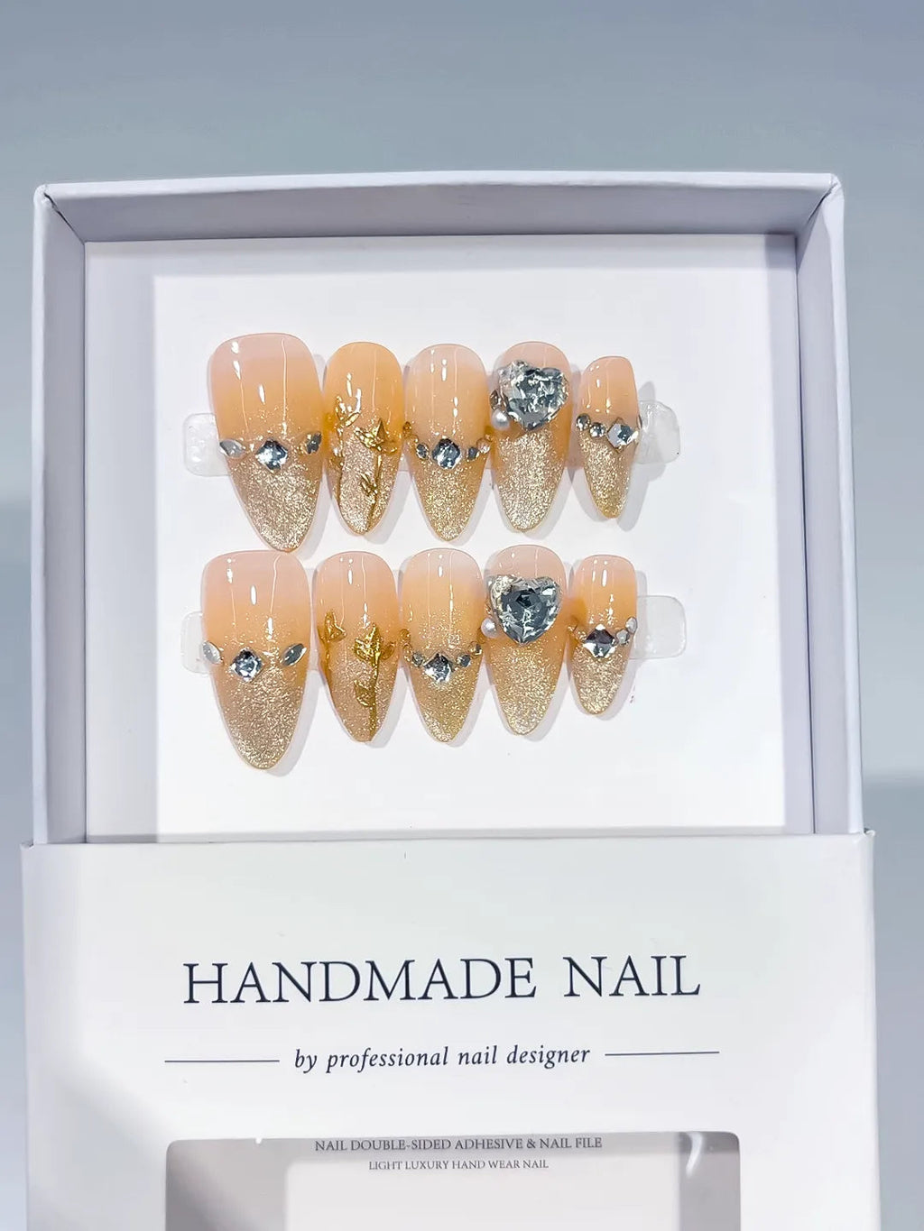 C431 - Medium Orange Gold Almond Glitter Rhinestone Pearl VibeNailsLab