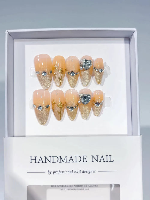 C431 - Medium Orange Gold Almond Glitter Rhinestone Pearl VibeNailsLab