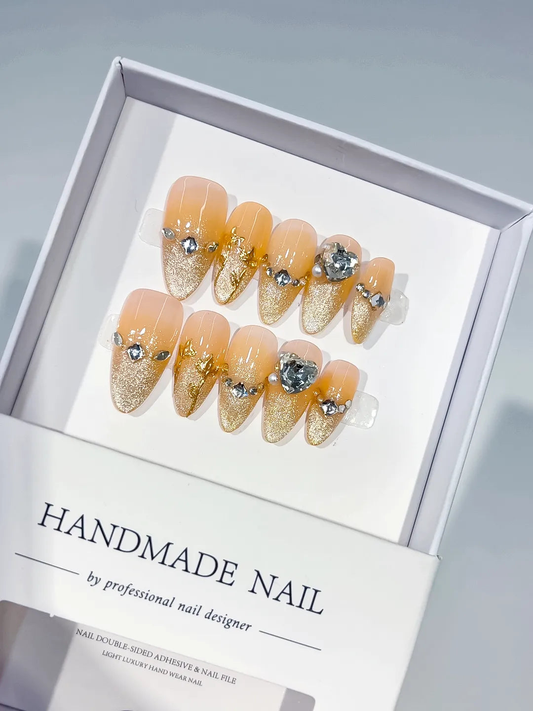 C431 - Medium Orange Gold Almond Glitter Rhinestone Pearl VibeNailsLab