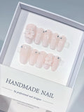 C433 - Medium Pink Almond Solid color Flower Rhinestone VibeNailsLab