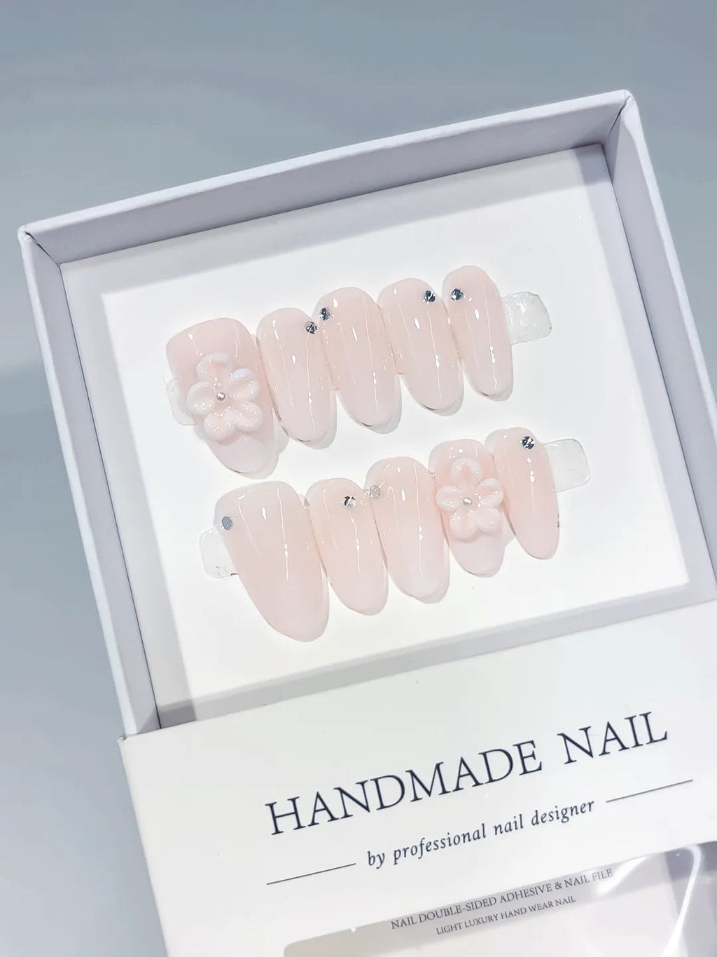 C433 - Medium Pink Almond Solid color Flower Rhinestone VibeNailsLab