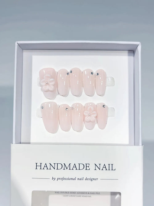 C433 - Medium Pink Almond Solid color Flower Rhinestone VibeNailsLab
