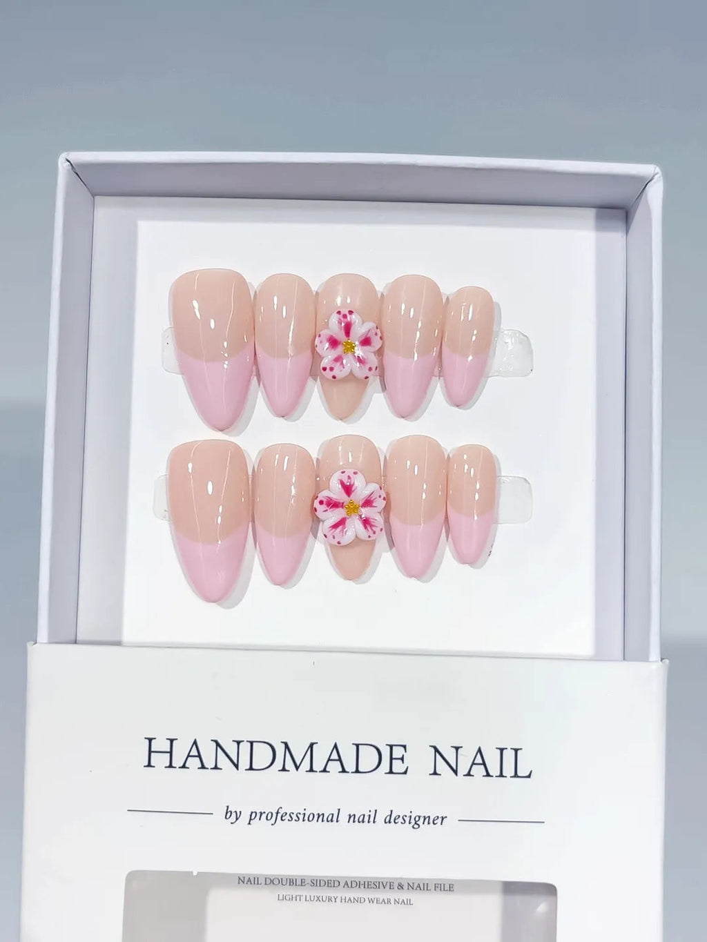 C434 - Medium Nude Pink Almond Ombre Flower VibeNailsLab