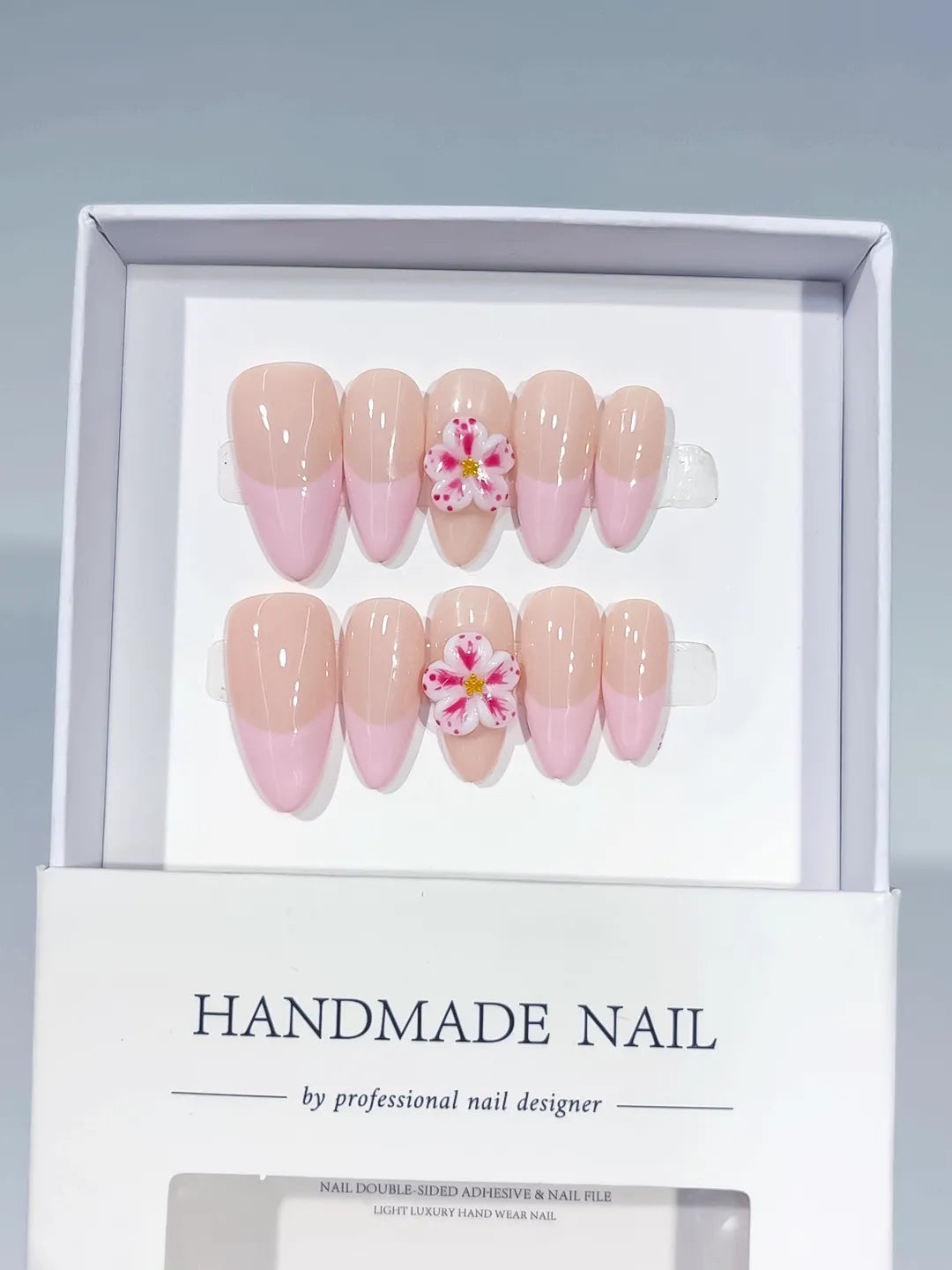C434 - Medium Nude Pink Almond Ombre Flower VibeNailsLab