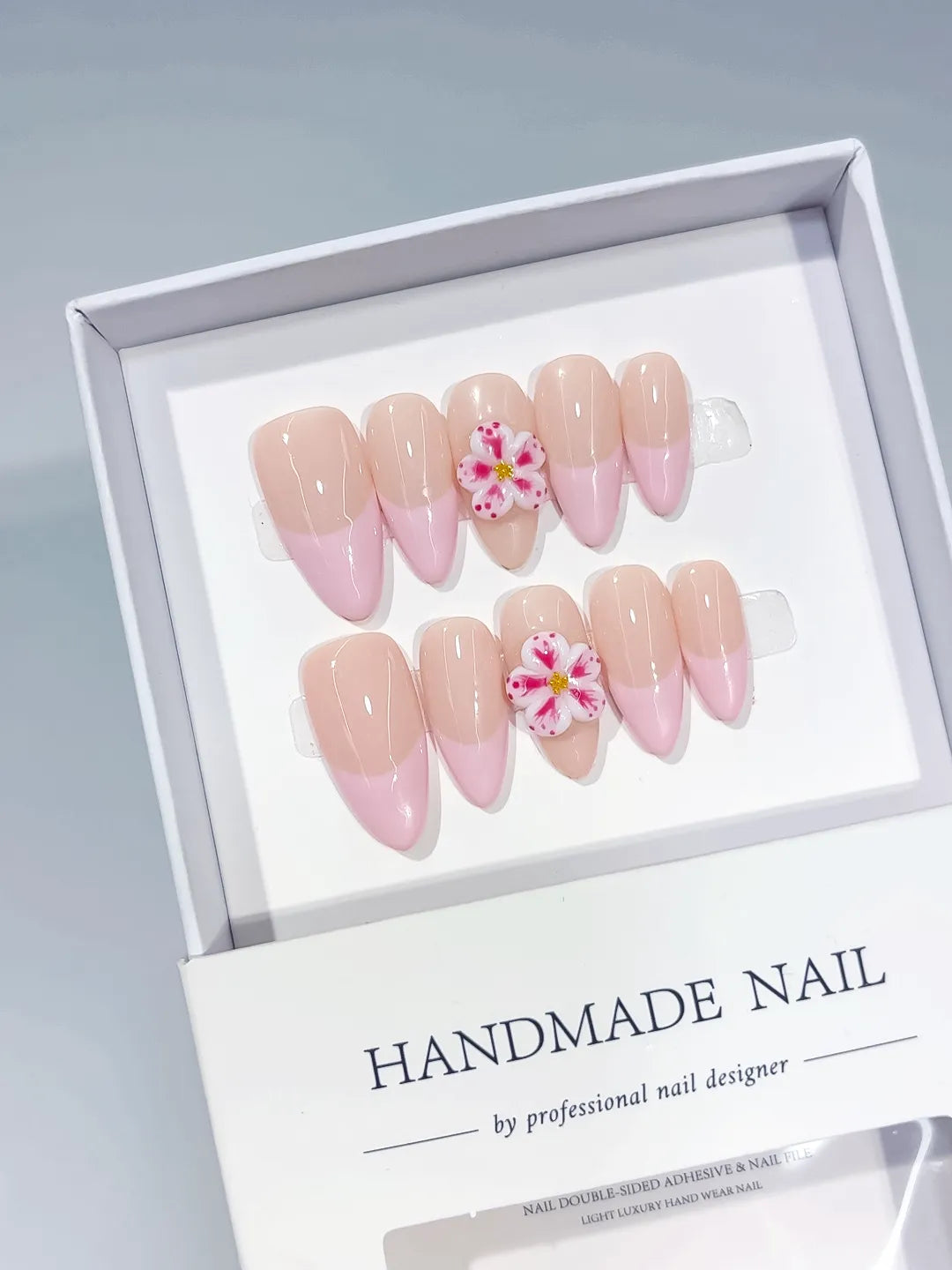 C434 - Medium Nude Pink Almond Ombre Flower VibeNailsLab