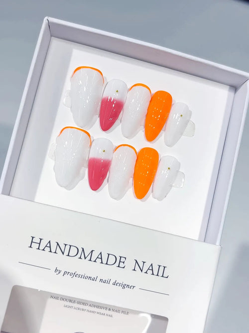 C435 - Medium White Orange Almond Abstract VibeNailsLab