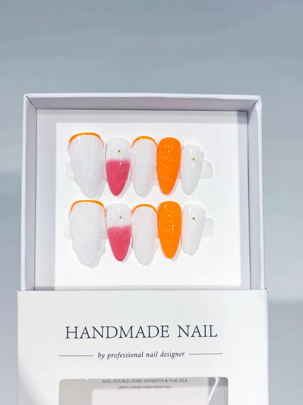 C435 - Medium White Orange Almond Abstract VibeNailsLab