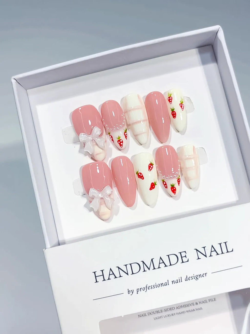 C437 - Medium Pink White Almond Floral Bow Strawberry VibeNailsLab