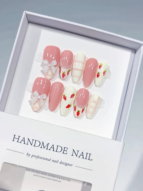 C437 - Medium Pink White Almond Floral Bow Strawberry VibeNailsLab