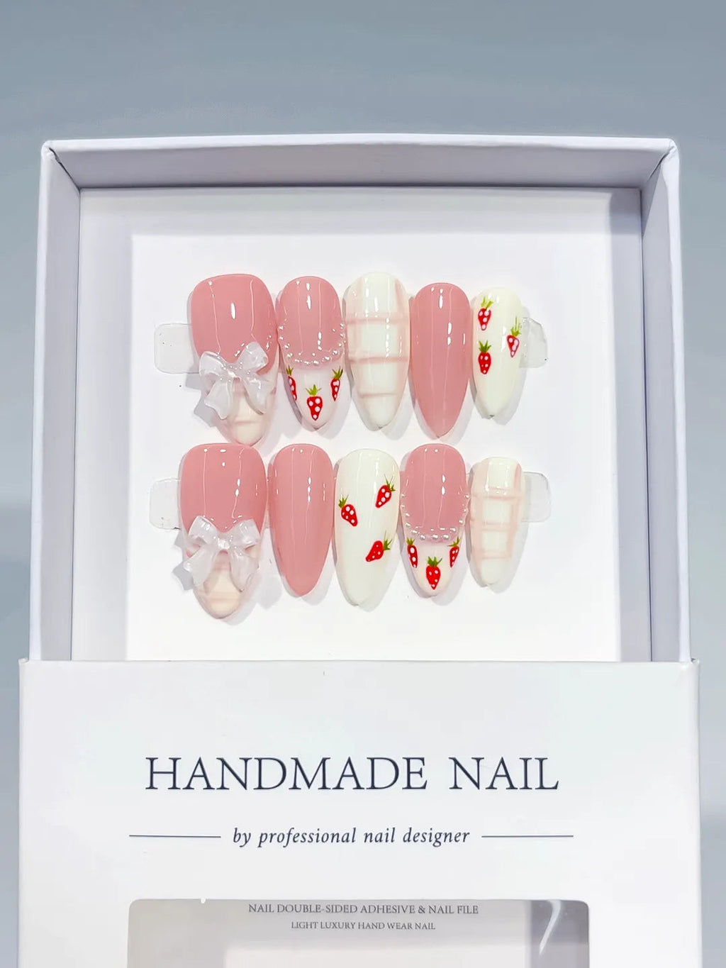 C437 - Medium Pink White Almond Floral Bow Strawberry VibeNailsLab