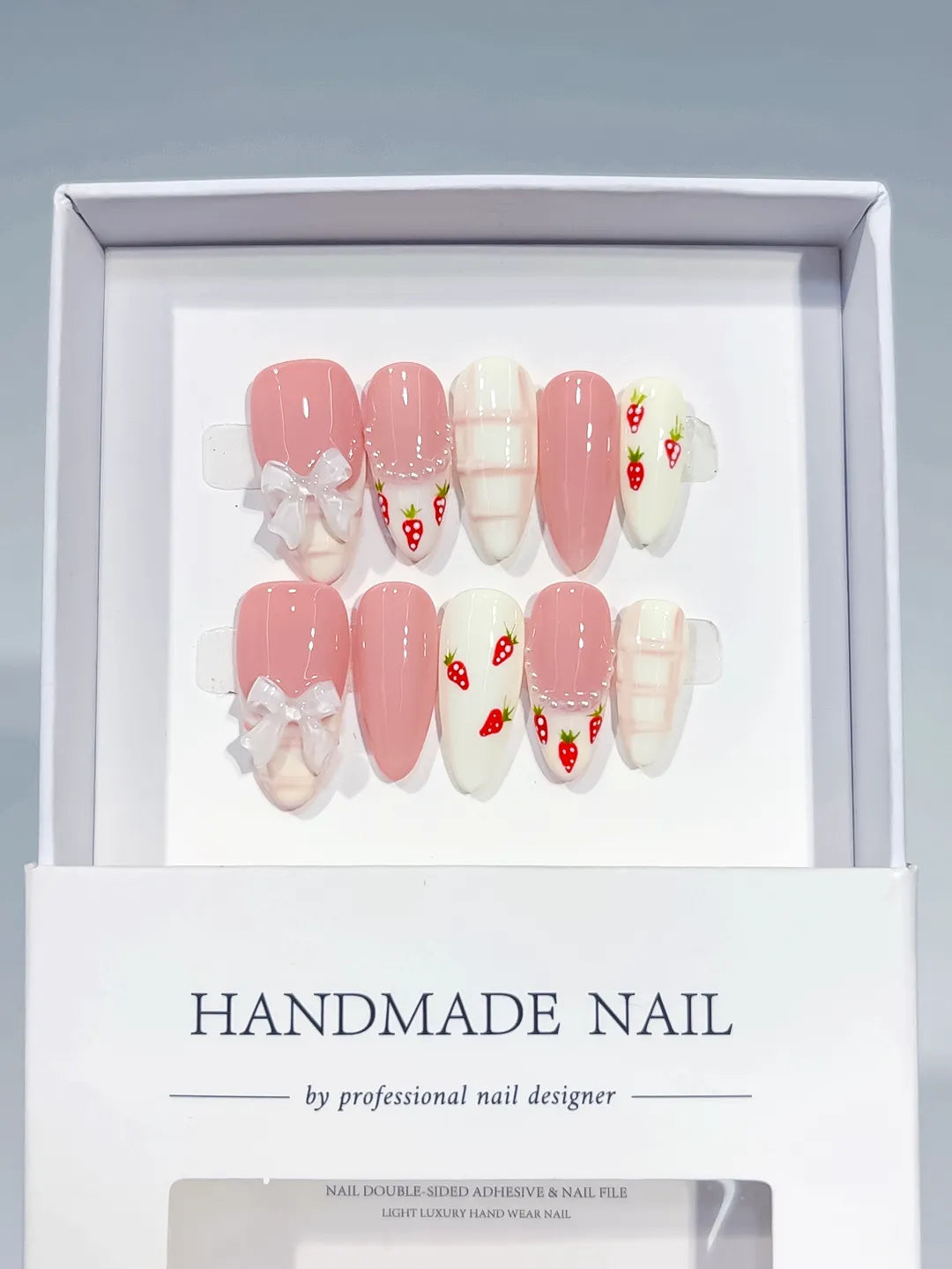 C437 - Medium Pink White Almond Floral Bow Strawberry VibeNailsLab