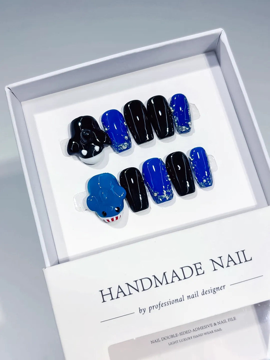 C438 - Medium Black Blue Square Solid color Bear Glitter VibeNailsLab