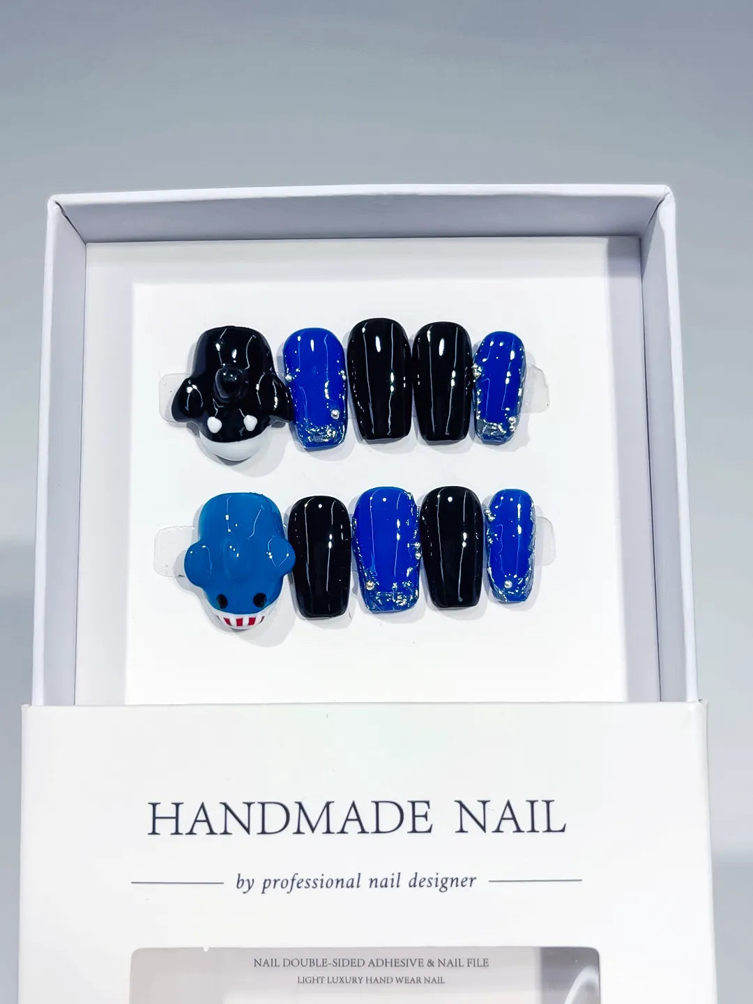 C438 - Medium Black Blue Square Solid color Bear Glitter VibeNailsLab