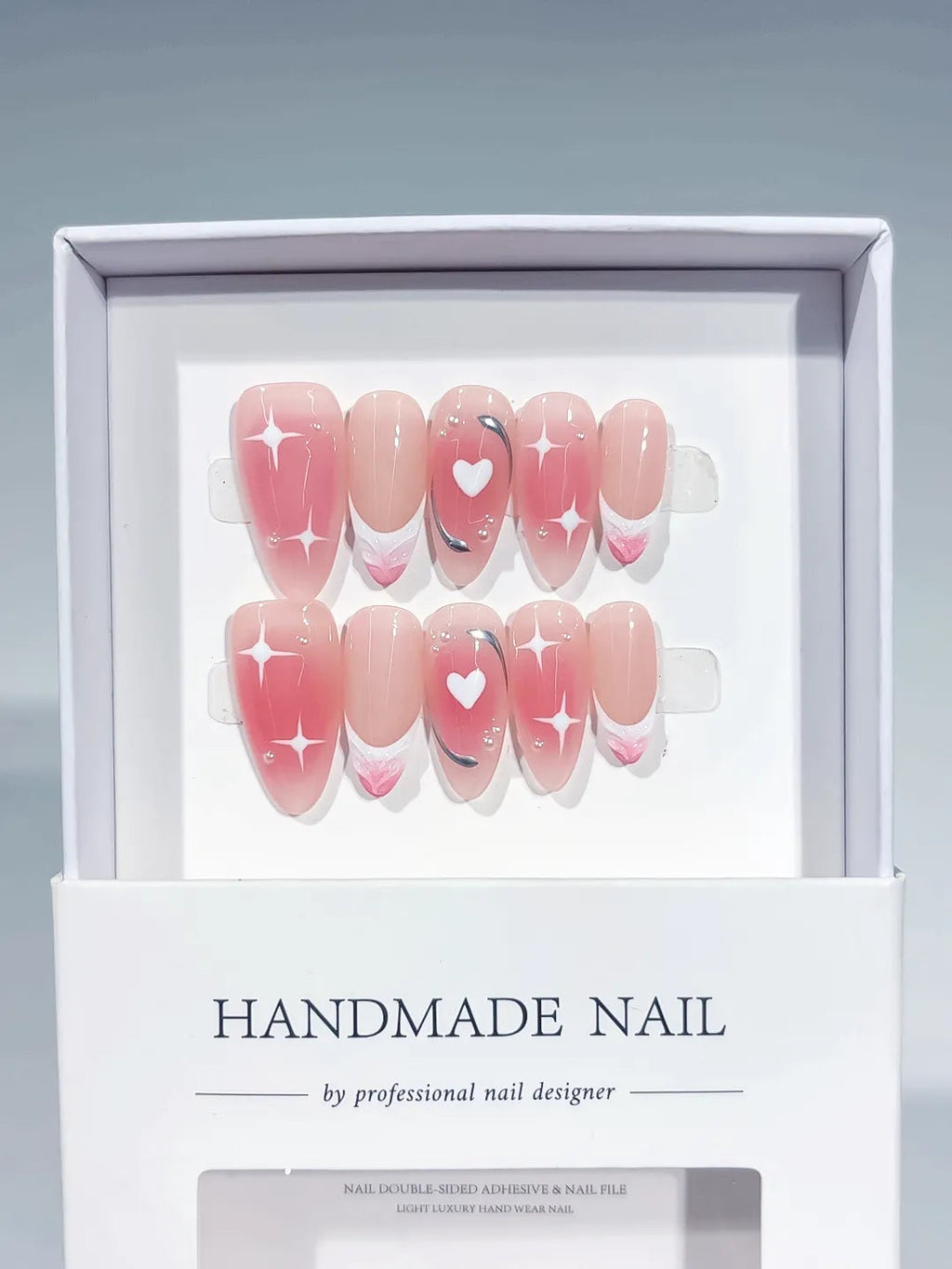 C387 - Medium Pink White Almond Abstract Heart Swirl VibeNailsLab