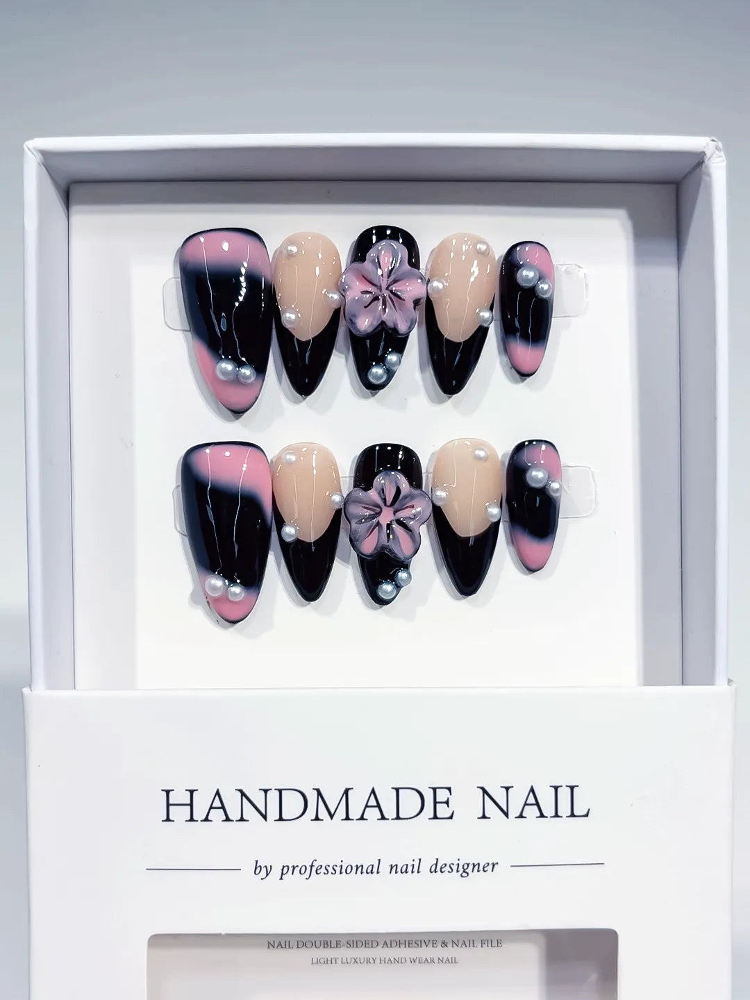 D249 - Medium Black Nude Almond Ombre Flower Pearl