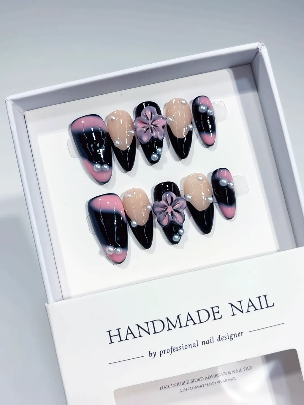 D249 - Medium Black Nude Almond Ombre Flower Pearl