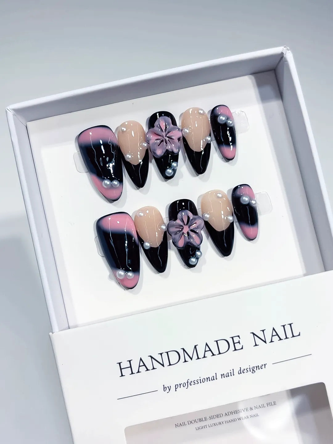 D249 - Medium Black Nude Almond Ombre Flower Pearl