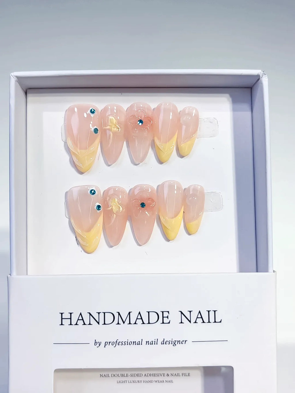 D256 - Medium Nude Yellow Almond French tip Flower Rhinestone
