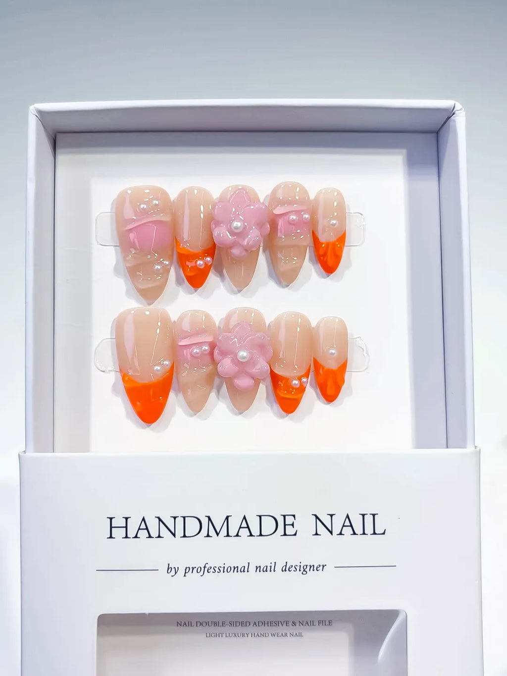 D261 - Medium Nude Orange Almond French tip Flower Pearl