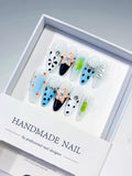 D268 - Medium White Blue Almond Abstract Flower Dot Pattern