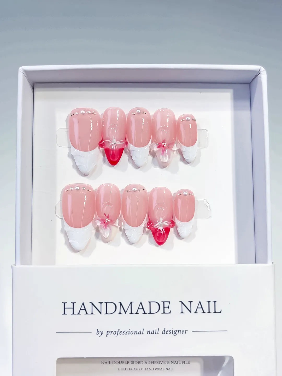 D271 - Medium Pink White Almond French tip Bow Flower