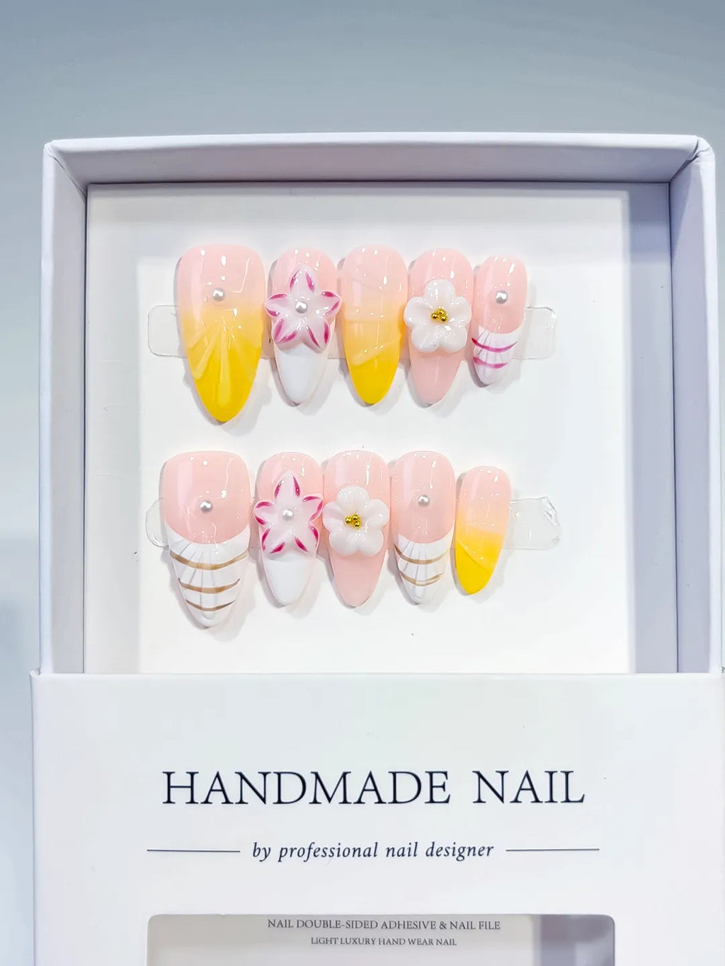 D274 - Medium Pink White Almond French tip Flower Line Art