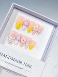 D274 - Medium Pink White Almond French tip Flower Line Art
