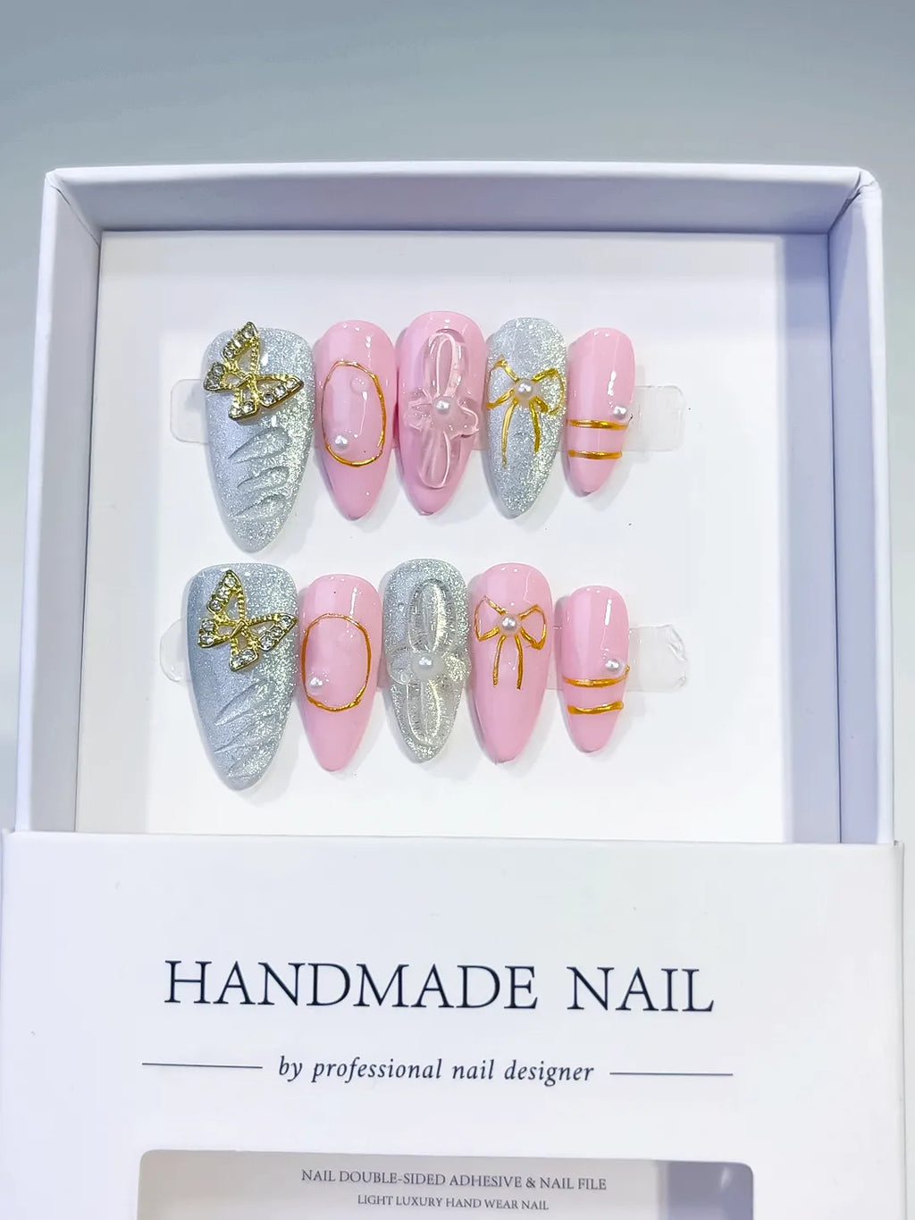 D285 - Medium Pink Silver Almond Glitter Bow Metallic Outline