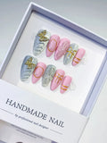 D285 - Medium Pink Silver Almond Glitter Bow Metallic Outline