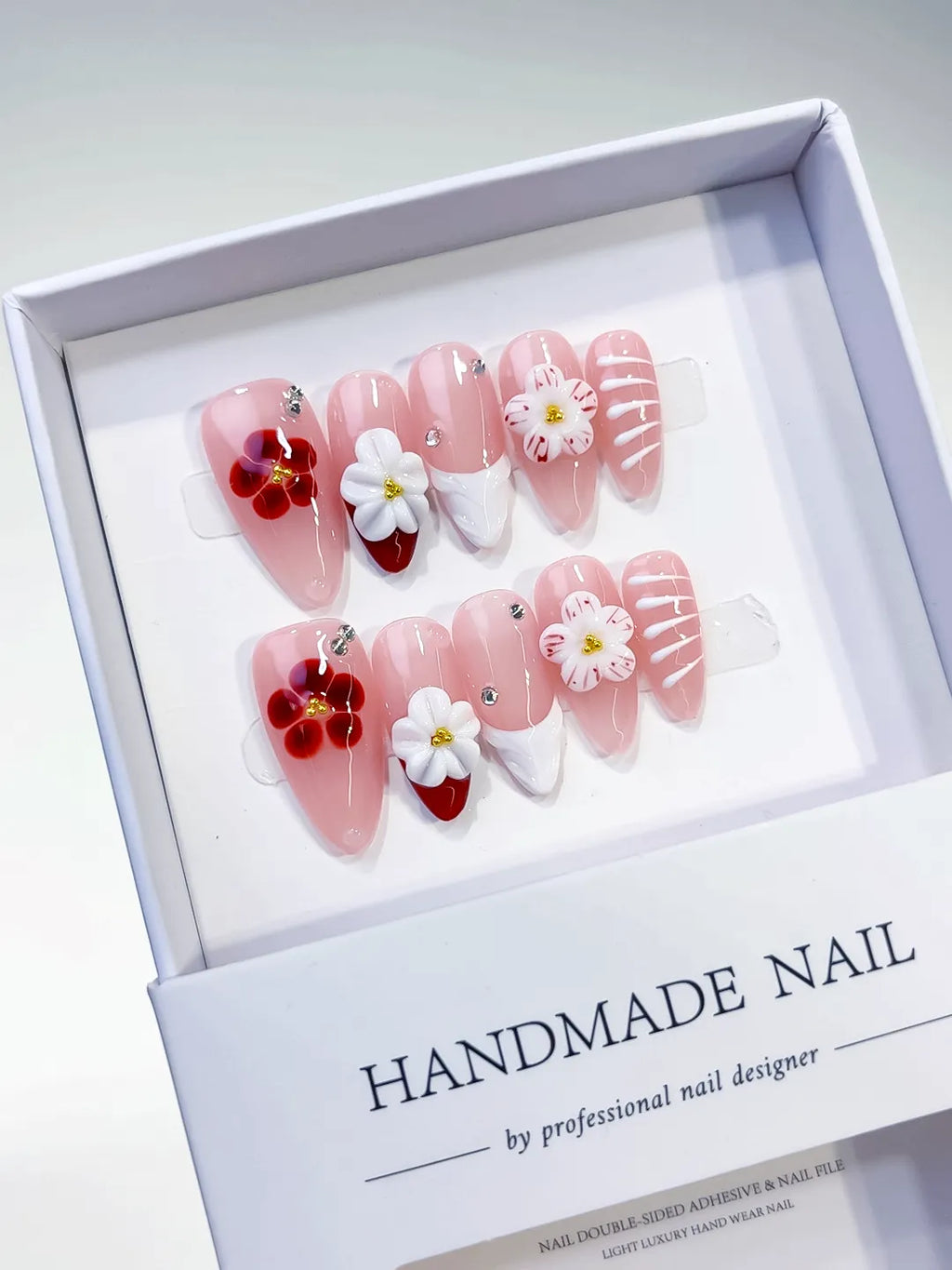 D295 - Medium Pink White Almond French tip Flower Rhinestone