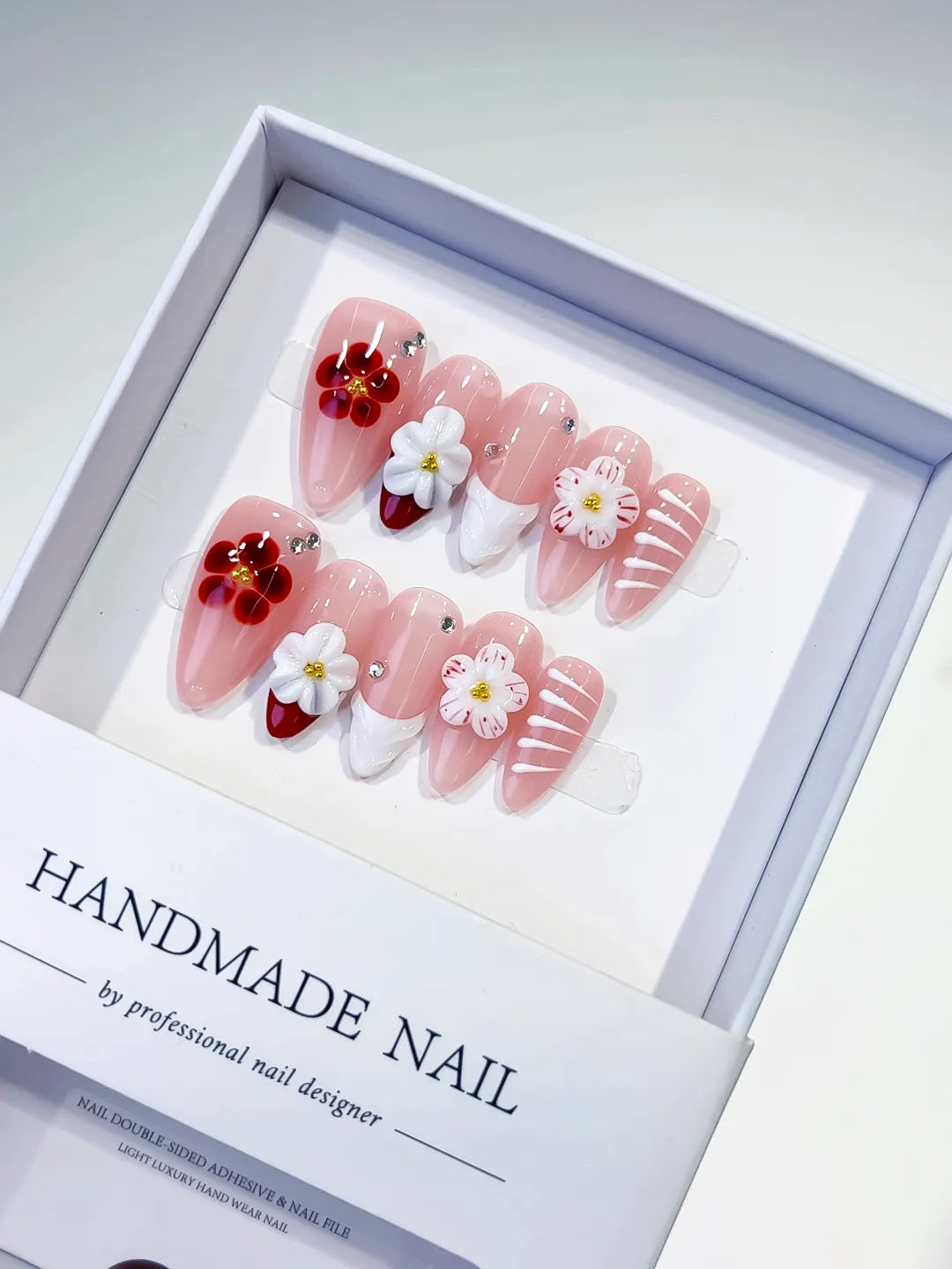D295 - Medium Pink White Almond French tip Flower Rhinestone