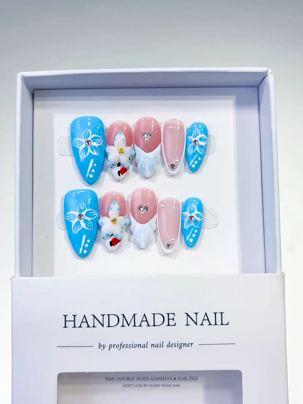D297 - Medium Blue Pink Almond Floral Flower Rhinestone